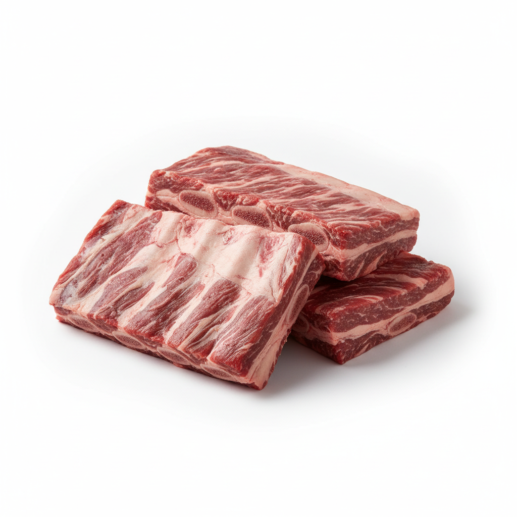 Premium Dry-Aged Beef Short Ribs are traditional cuts that make for a flavorful and filling meal, cooked low and slow for maximum tenderness. Available in Small (0.5kgs-0.6kgs) or Medium (0.9kgs-1kgs) packs, these meaty ribs will melt in your mouth.

Make me a photo of this product on a 1:1 white background
